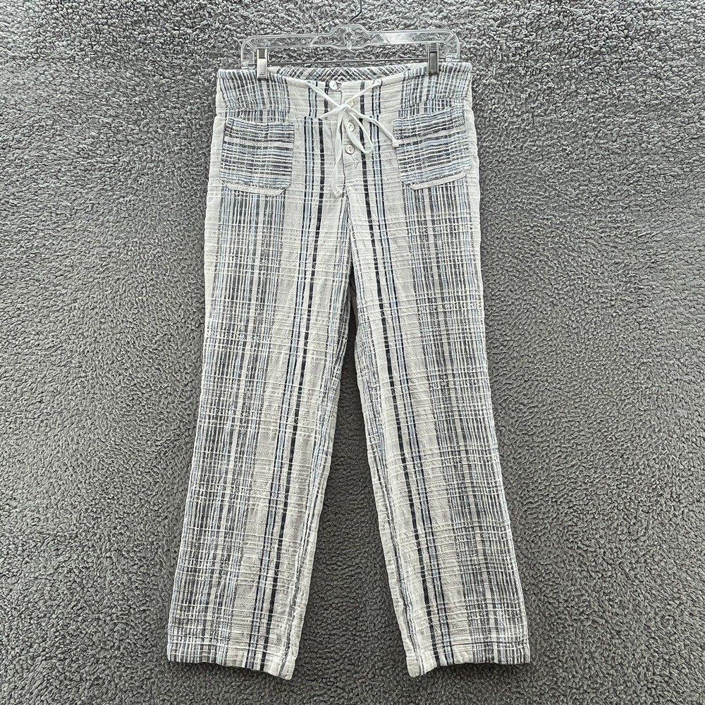 Sundance Pants Women Medium White and Navy Striped Texture Cotton Pockets